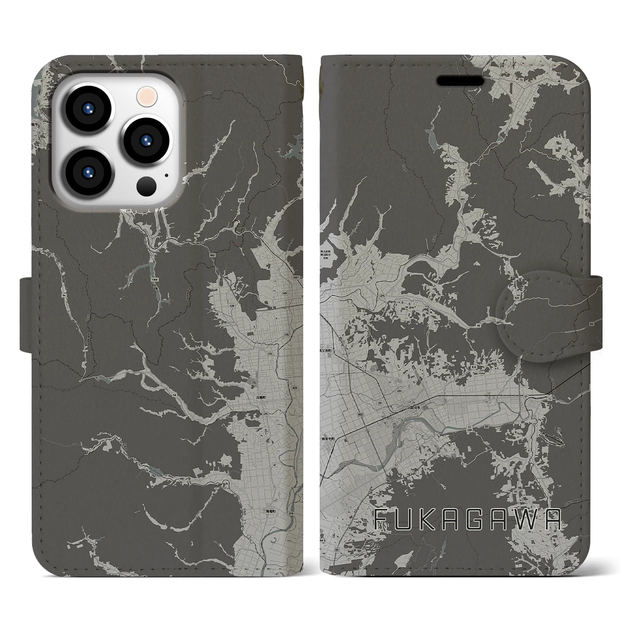 【深川(北海道)】地図柄iPhoneケース(手帳タイプ)モノトーン・iPhone 13 Pro 用