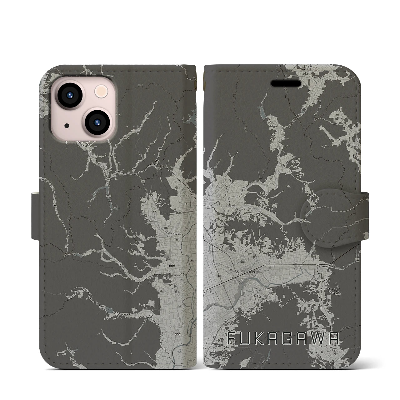 【深川(北海道)】地図柄iPhoneケース(手帳タイプ)モノトーン・iPhone 13 mini 用