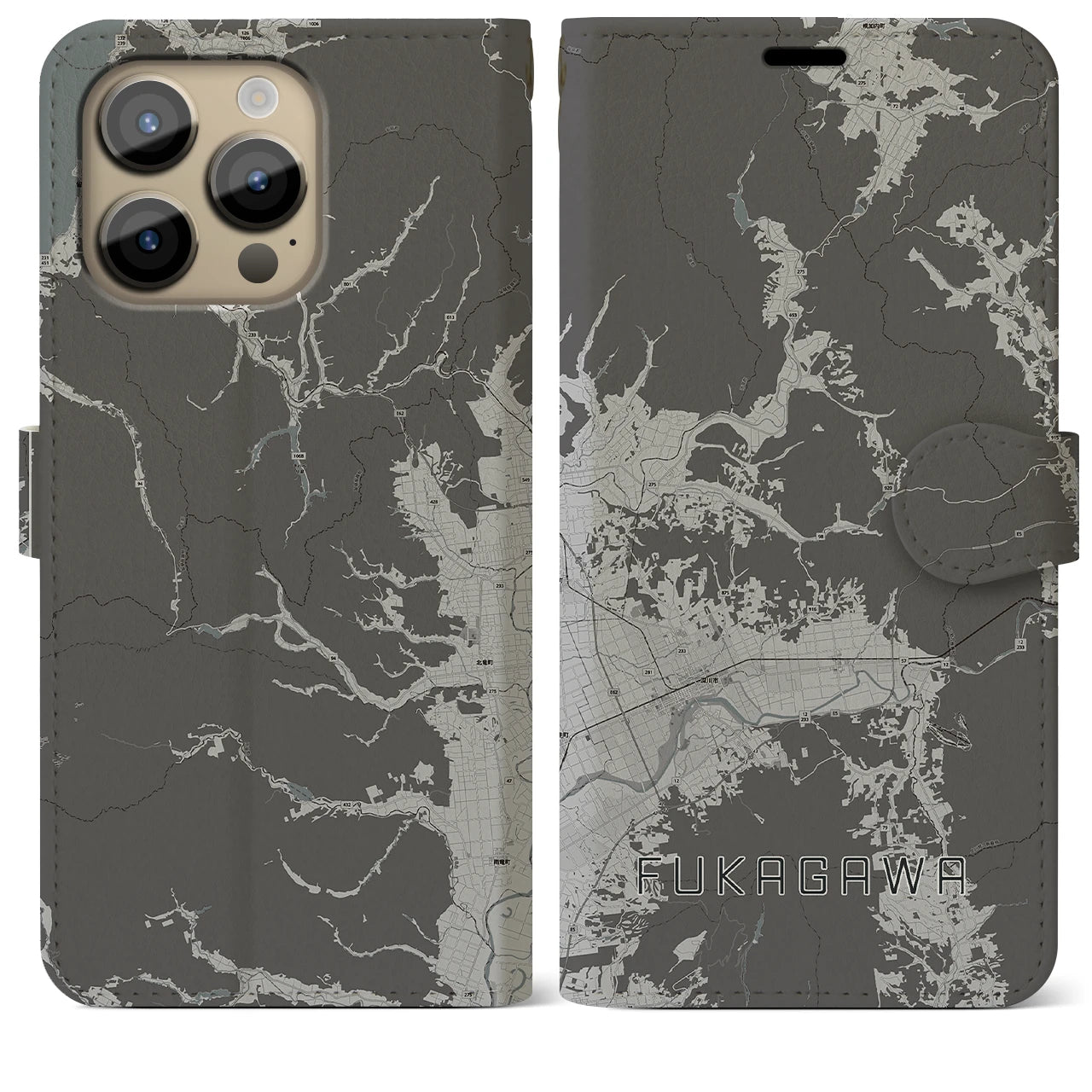 【深川(北海道)】地図柄iPhoneケース(手帳タイプ)モノトーン・iPhone 14 Pro Max 用