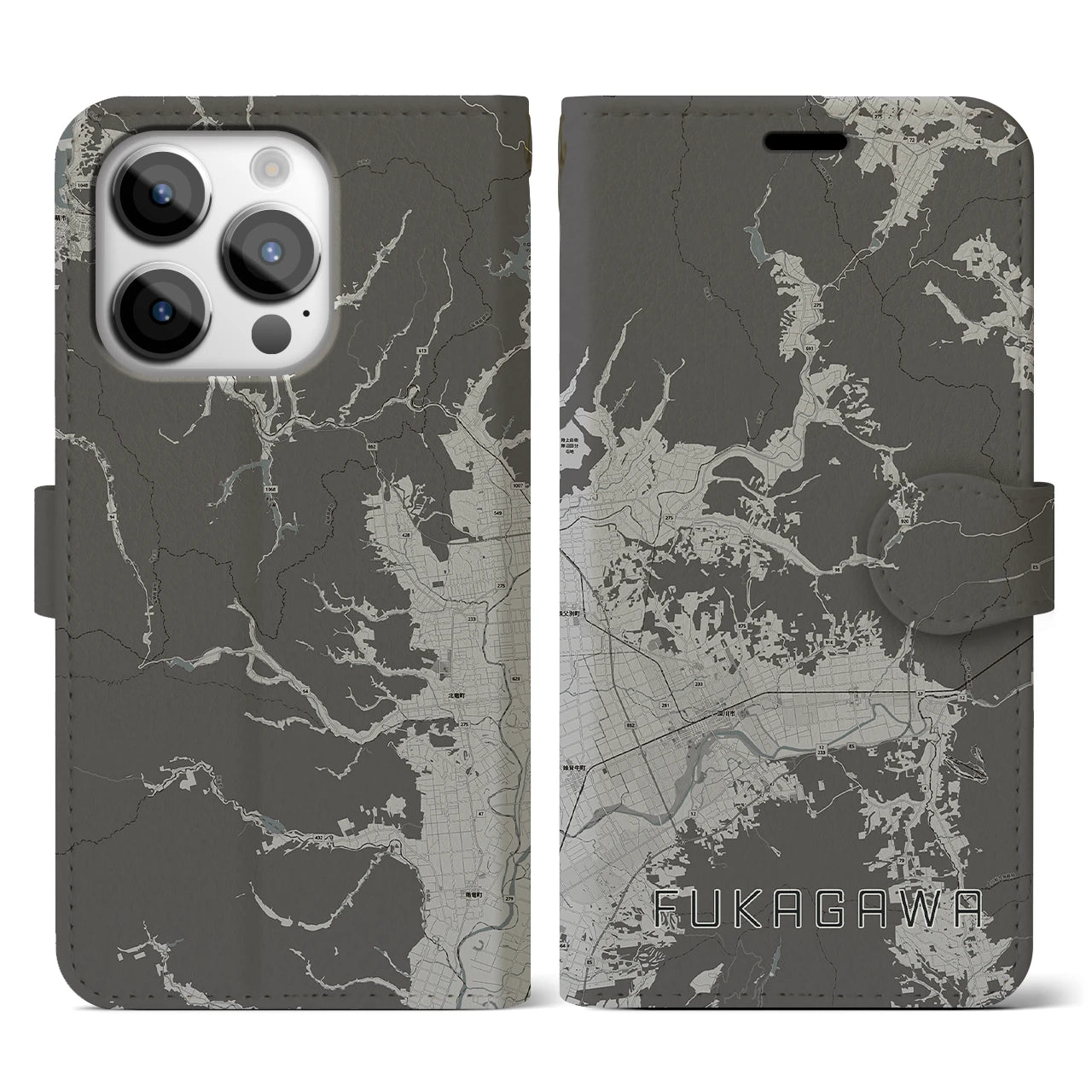 【深川(北海道)】地図柄iPhoneケース(手帳タイプ)モノトーン・iPhone 14 Pro 用