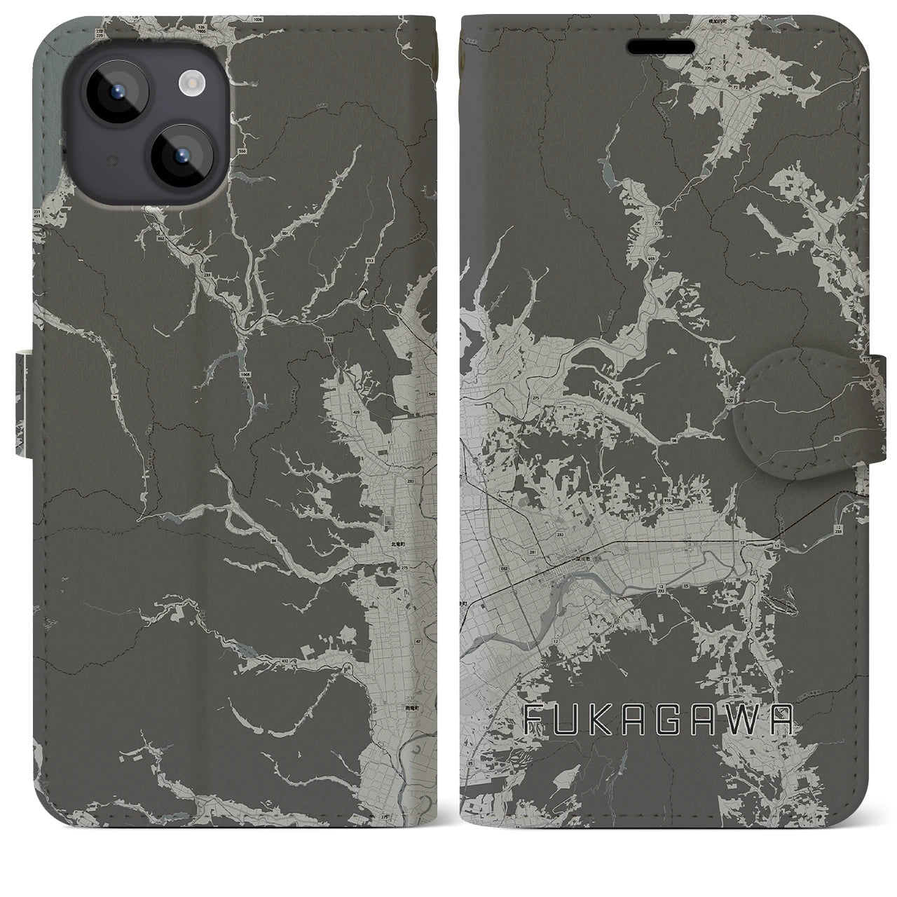 【深川(北海道)】地図柄iPhoneケース(手帳タイプ)モノトーン・iPhone 14 Plus 用