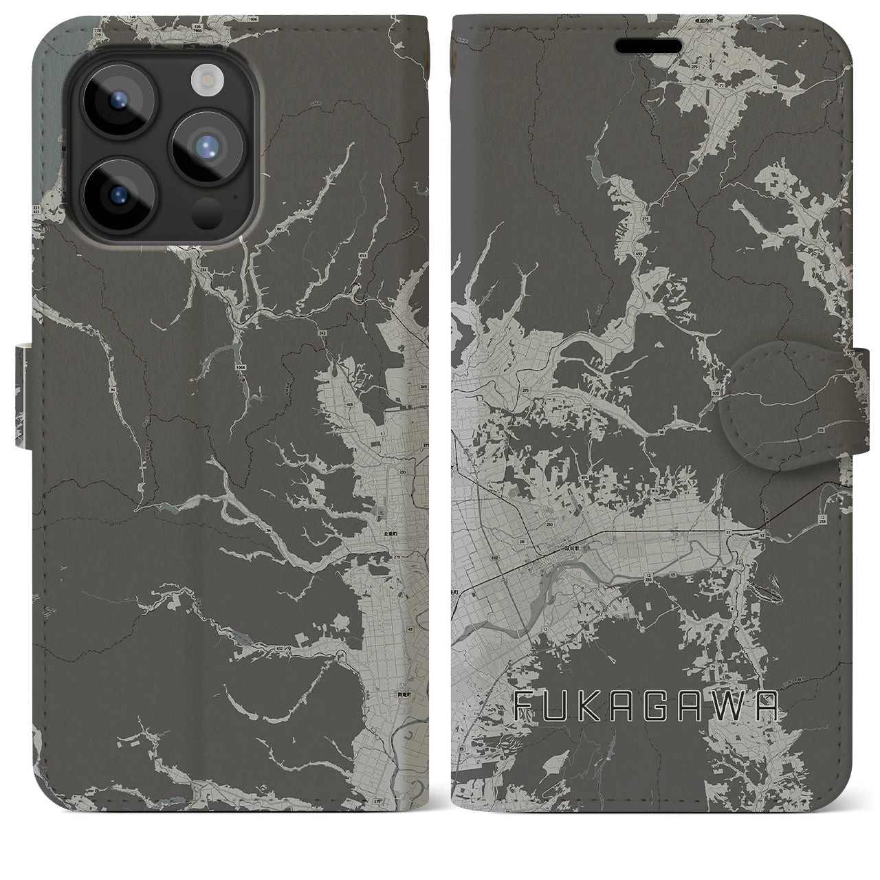 【深川(北海道)】地図柄iPhoneケース(手帳タイプ)モノトーン・iPhone 15 Pro Max 用