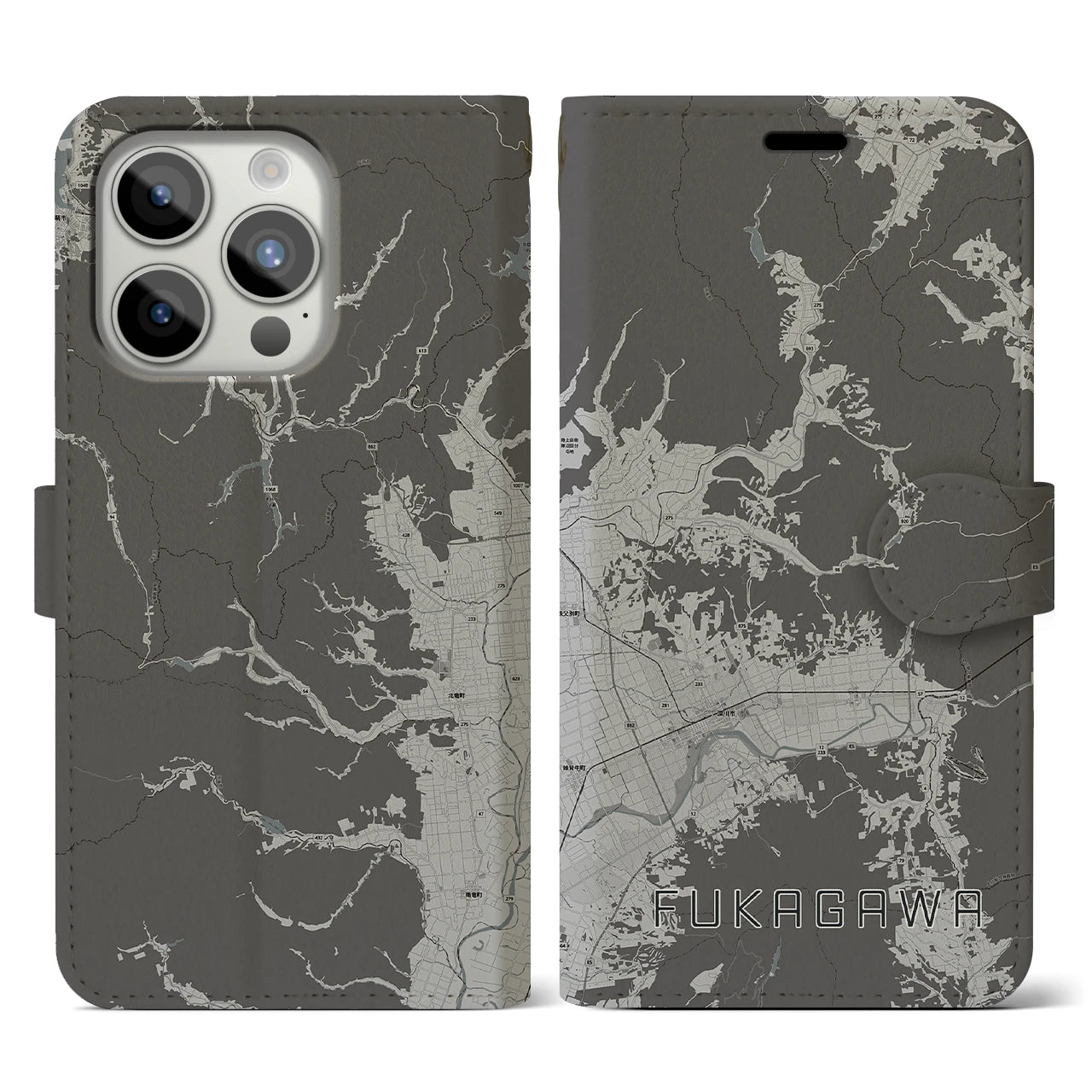 【深川(北海道)】地図柄iPhoneケース(手帳タイプ)モノトーン・iPhone 15 Pro 用