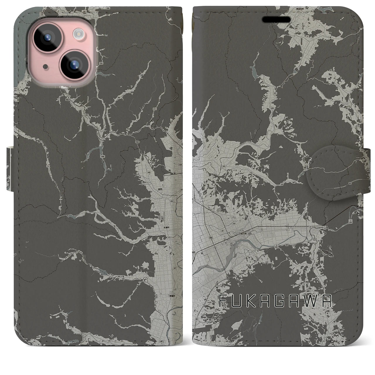【深川(北海道)】地図柄iPhoneケース(手帳タイプ)モノトーン・iPhone 15 Plus 用
