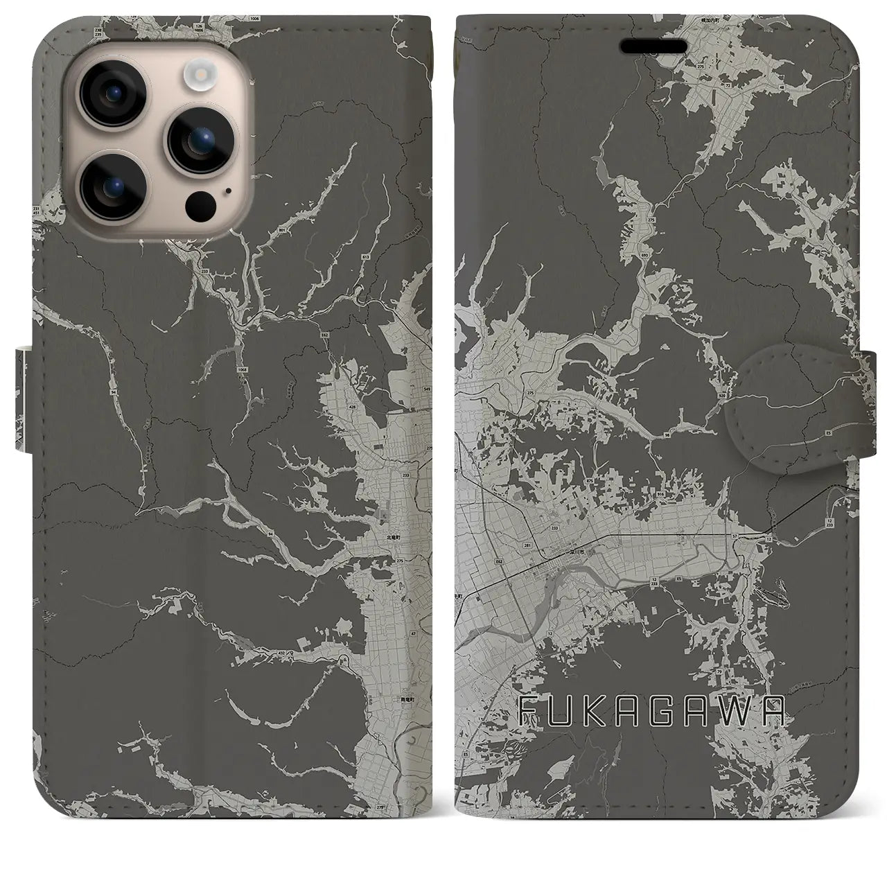 【深川(北海道)】地図柄iPhoneケース(手帳タイプ)モノトーン・iPhone 16 Plus 用