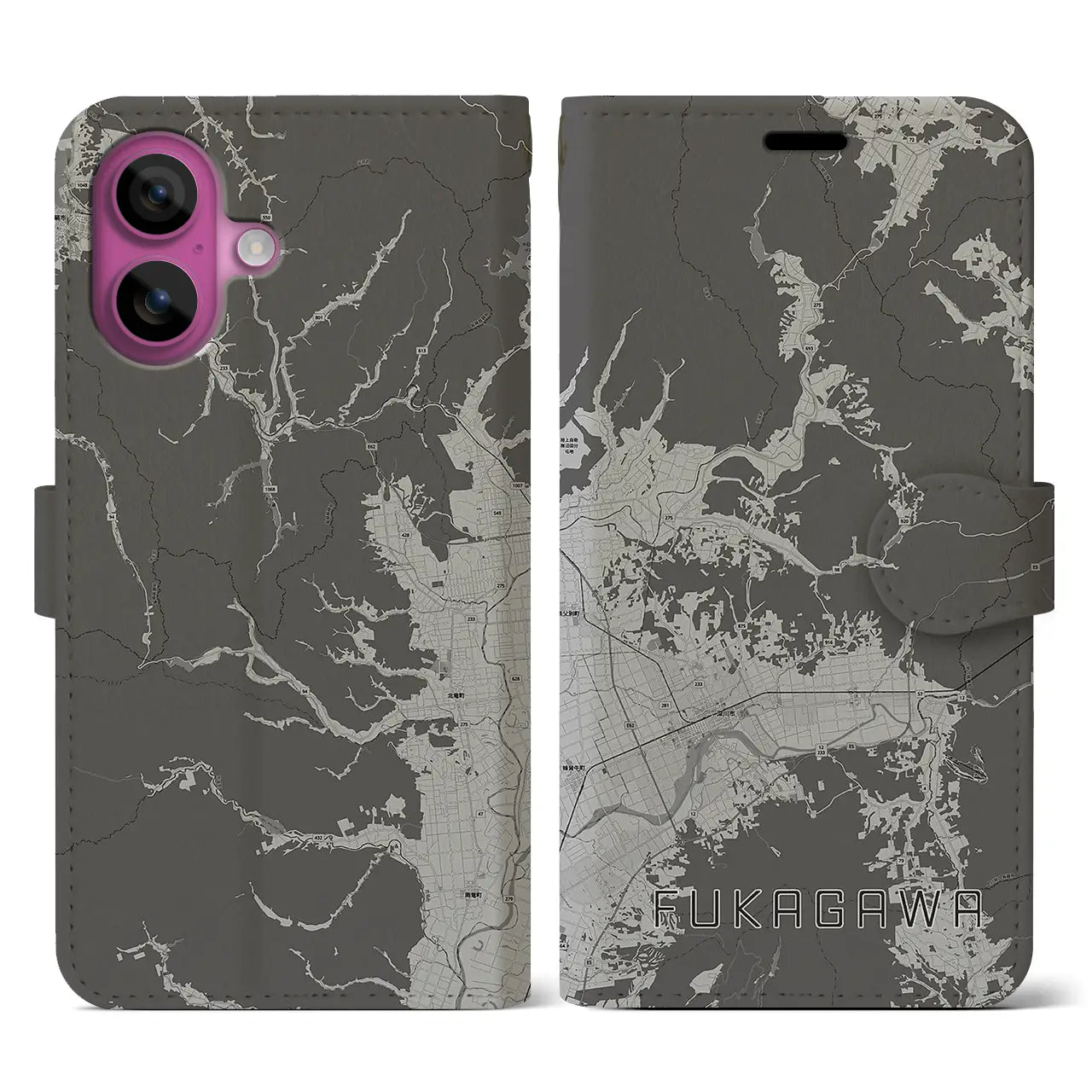 【深川(北海道)】地図柄iPhoneケース(手帳タイプ)モノトーン・iPhone 16 Pro 用