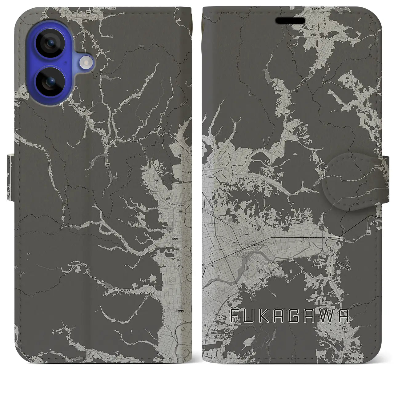 【深川(北海道)】地図柄iPhoneケース(手帳タイプ)モノトーン・iPhone 16 Pro Max 用