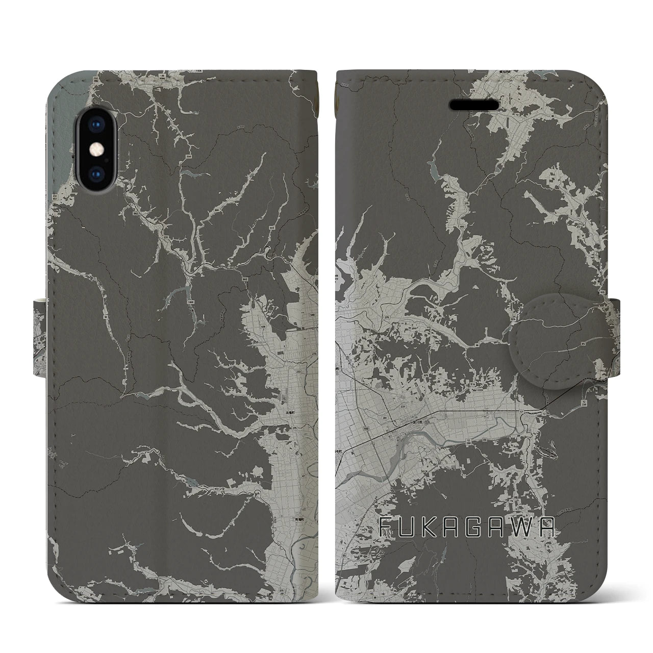 【深川(北海道)】地図柄iPhoneケース(手帳タイプ)モノトーン・iPhone XS / X 用