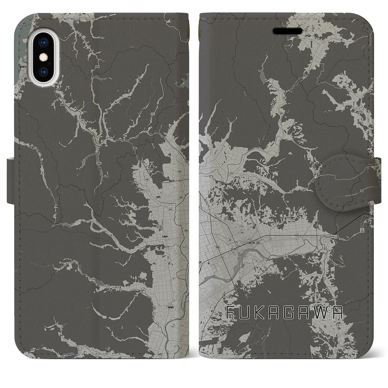 【深川(北海道)】地図柄iPhoneケース(手帳タイプ)モノトーン・iPhone XS Max 用