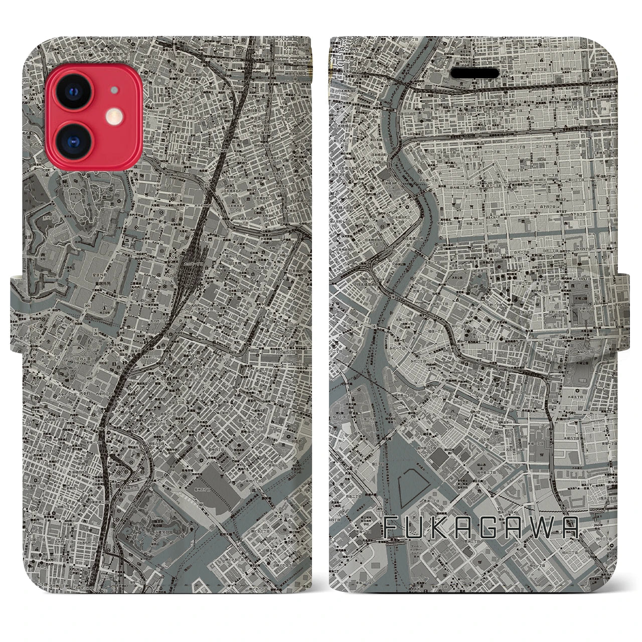 【深川2(東京都)】地図柄iPhoneケース(手帳タイプ)モノトーン・iPhone 11 用