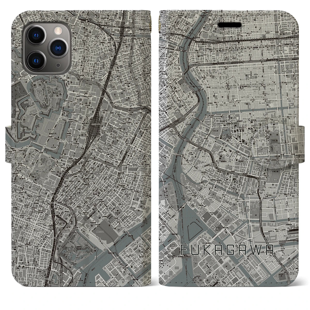 【深川2(東京都)】地図柄iPhoneケース(手帳タイプ)モノトーン・iPhone 11 Pro Max 用