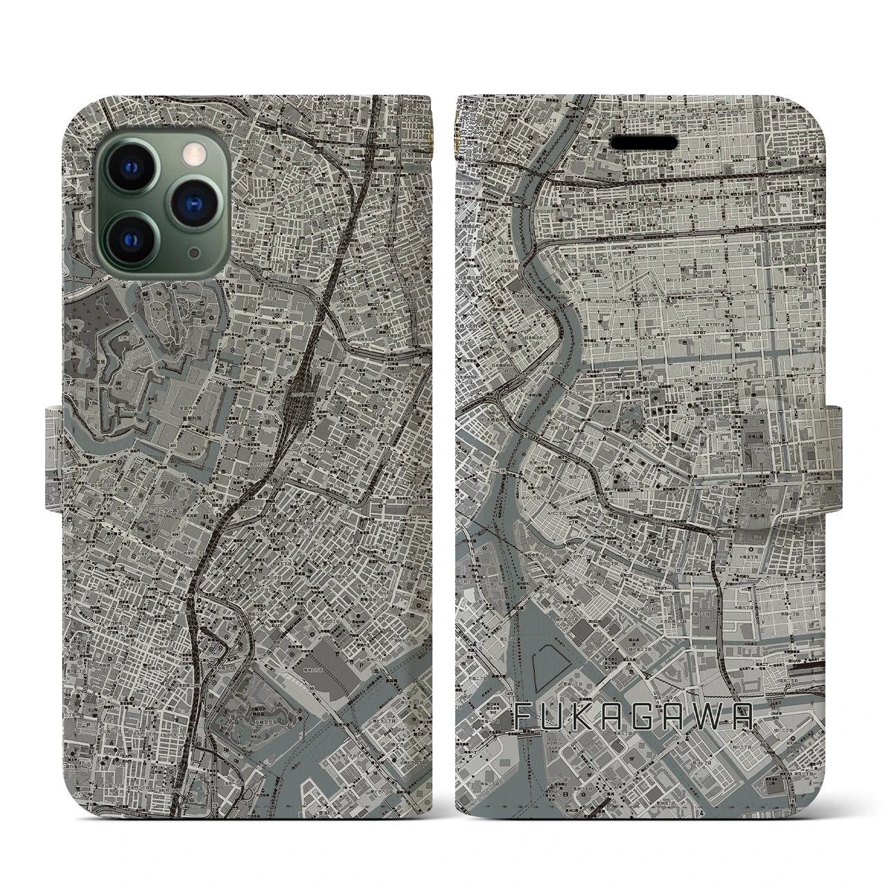 【深川2(東京都)】地図柄iPhoneケース(手帳タイプ)モノトーン・iPhone 11 Pro 用