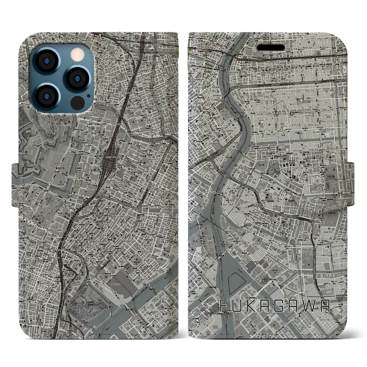 【深川2(東京都)】地図柄iPhoneケース(手帳タイプ)モノトーン・iPhone 12 / 12 Pro 用