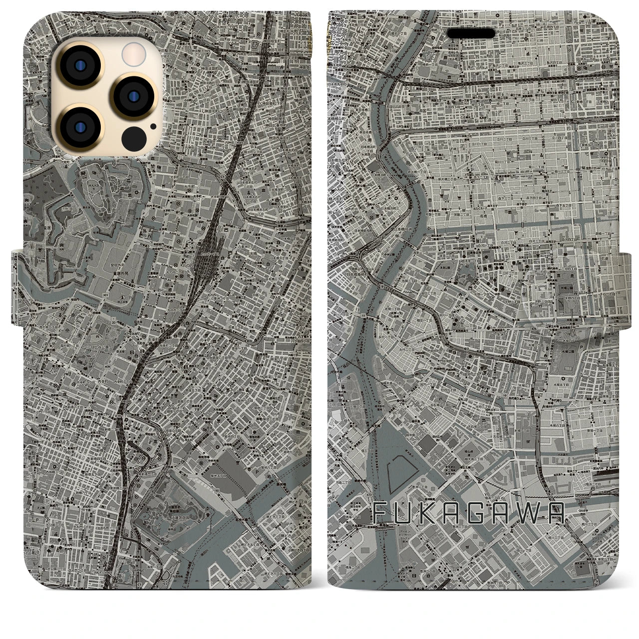 【深川2(東京都)】地図柄iPhoneケース(手帳タイプ)モノトーン・iPhone 12 Pro Max 用