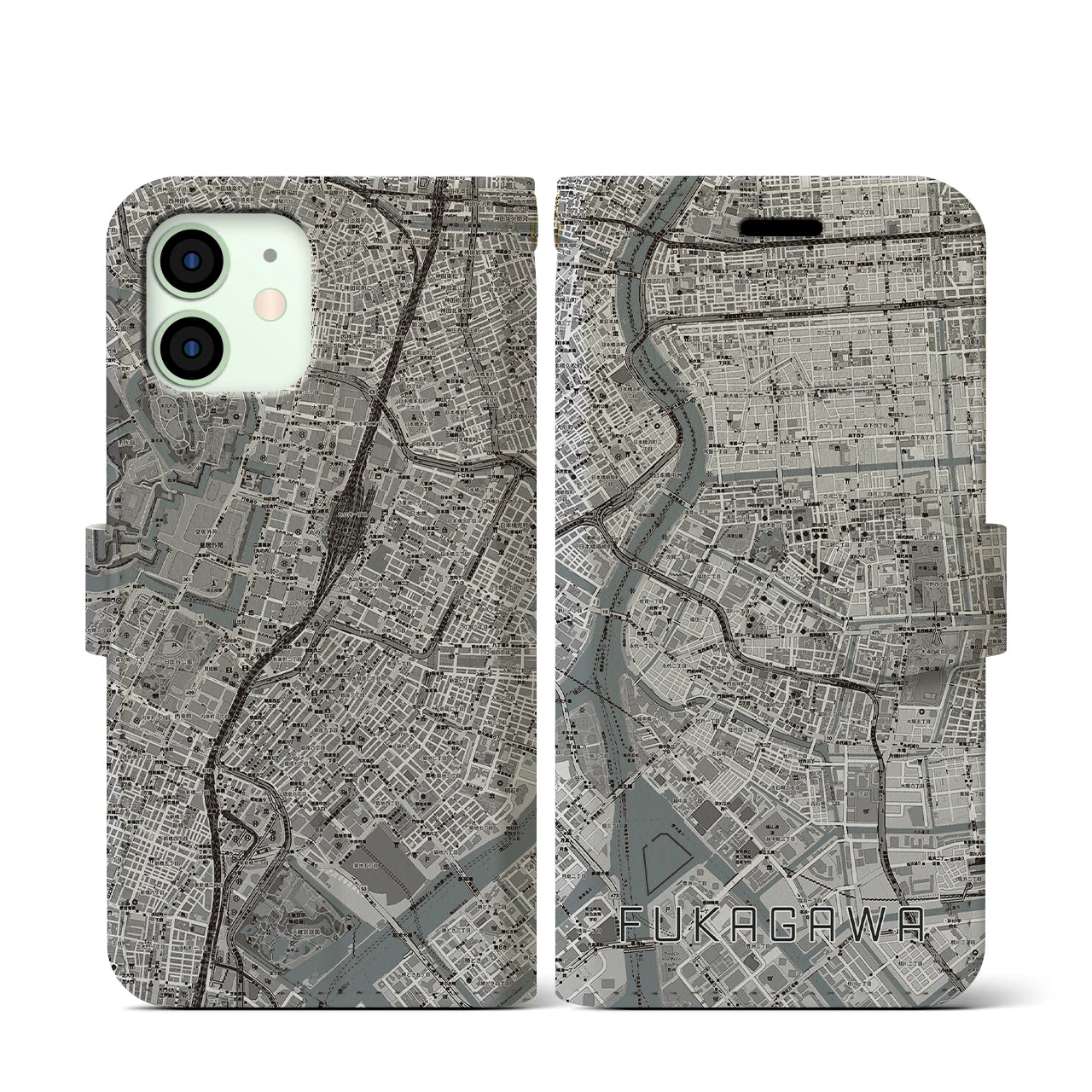【深川2(東京都)】地図柄iPhoneケース(手帳タイプ)モノトーン・iPhone 12 mini 用