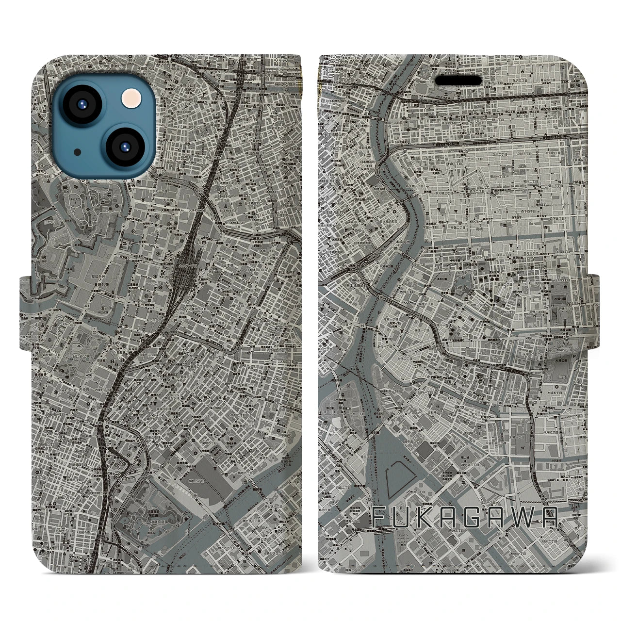 【深川2(東京都)】地図柄iPhoneケース(手帳タイプ)モノトーン・iPhone 13 用