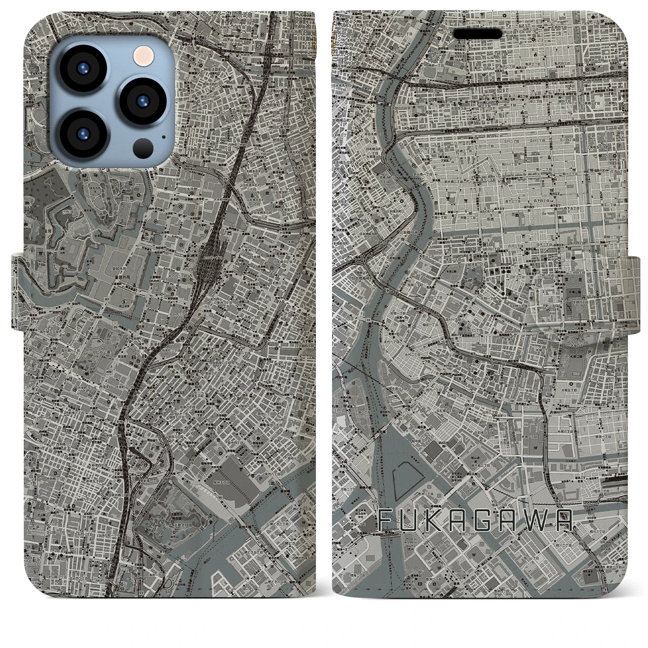 【深川2(東京都)】地図柄iPhoneケース(手帳タイプ)モノトーン・iPhone 13 Pro Max 用