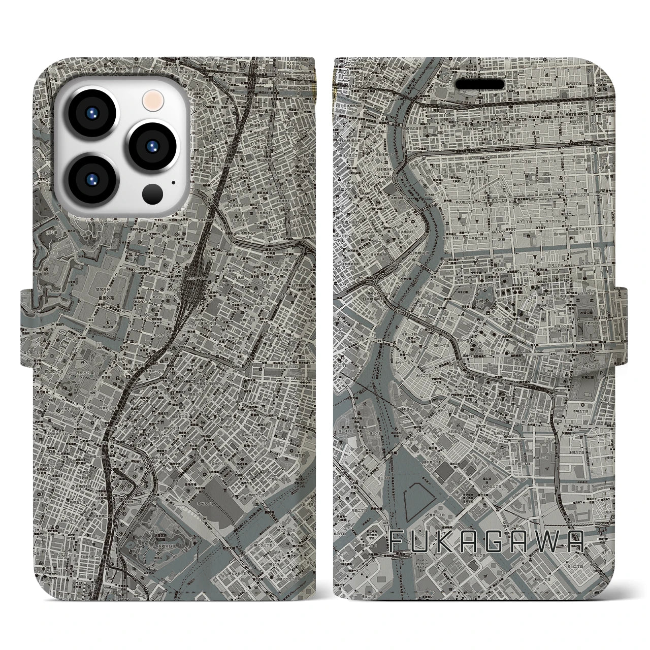 【深川2(東京都)】地図柄iPhoneケース(手帳タイプ)モノトーン・iPhone 13 Pro 用