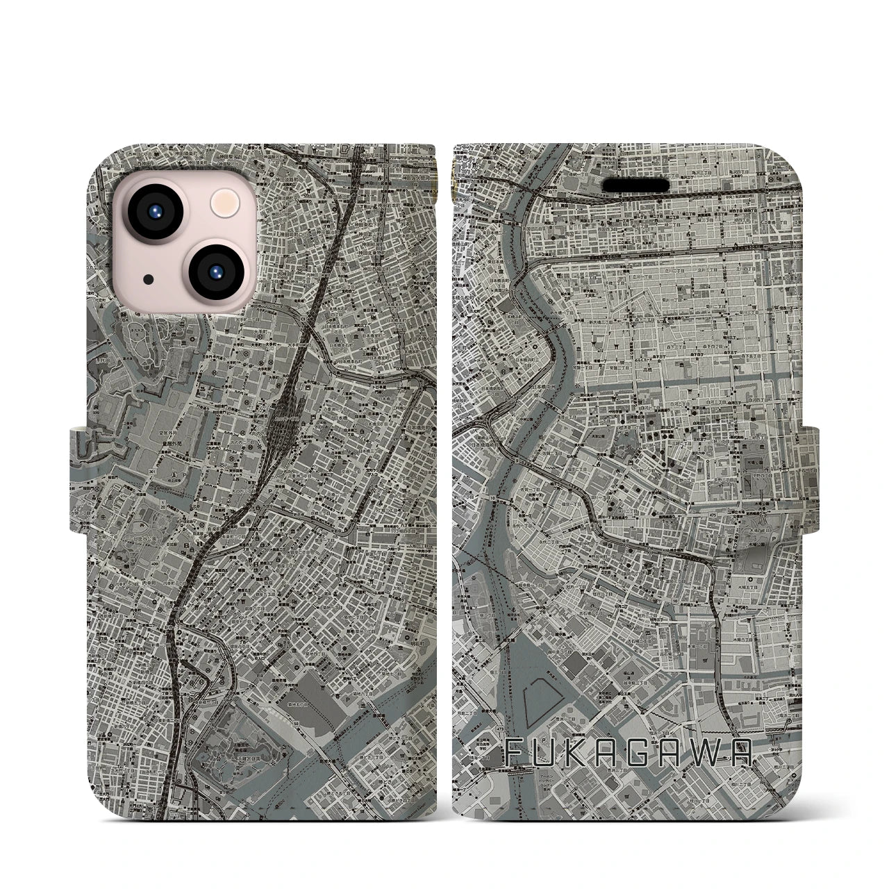 【深川2(東京都)】地図柄iPhoneケース(手帳タイプ)モノトーン・iPhone 13 mini 用