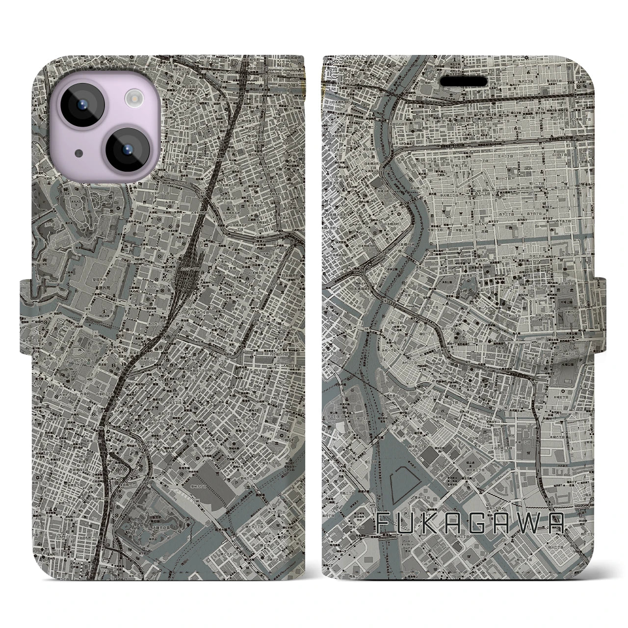 【深川2(東京都)】地図柄iPhoneケース(手帳タイプ)モノトーン・iPhone 14 用