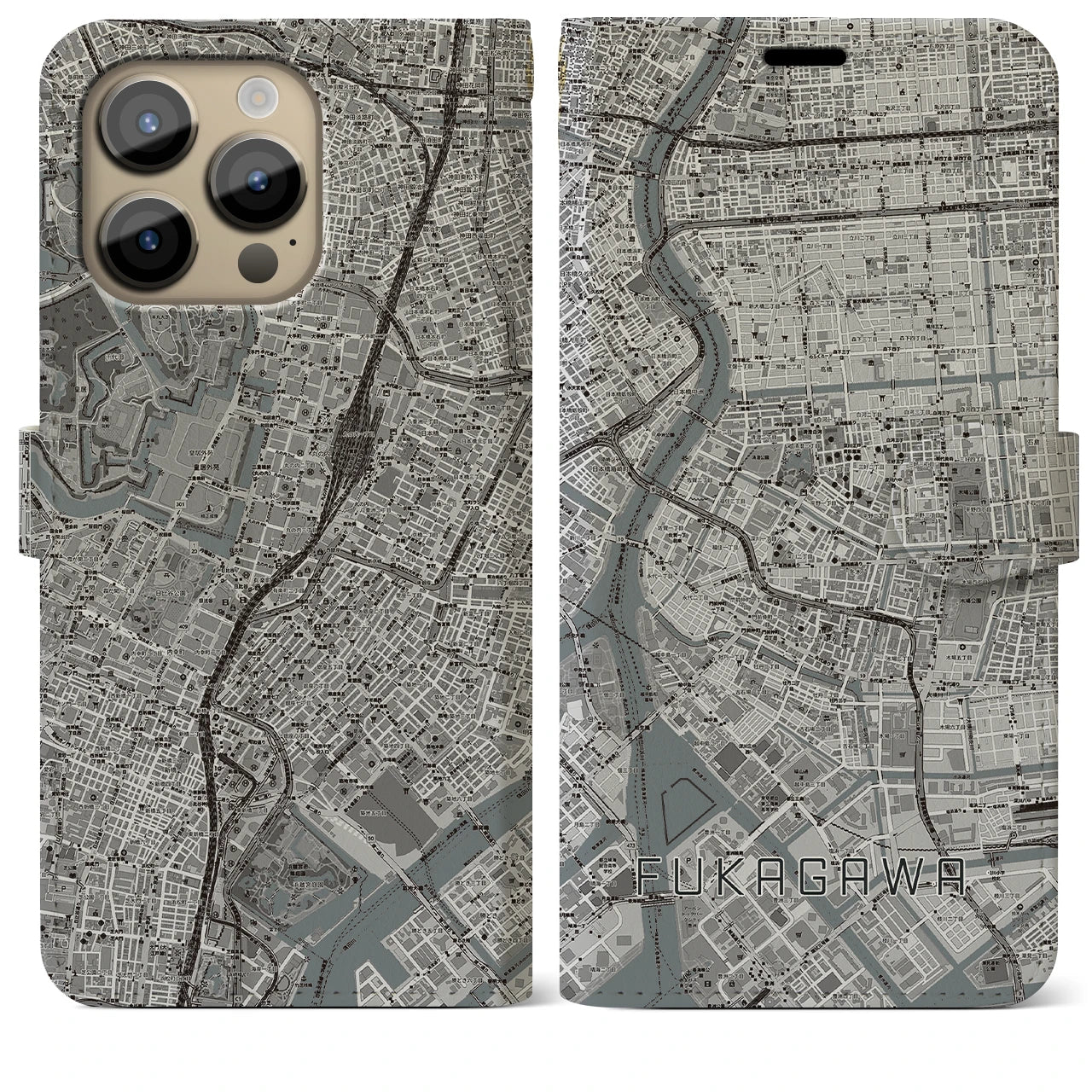 【深川2(東京都)】地図柄iPhoneケース(手帳タイプ)モノトーン・iPhone 14 Pro Max 用