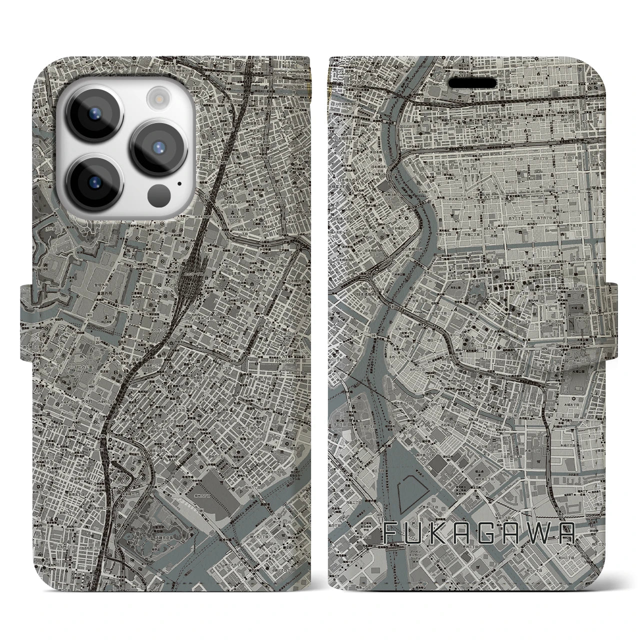 【深川2(東京都)】地図柄iPhoneケース(手帳タイプ)モノトーン・iPhone 14 Pro 用