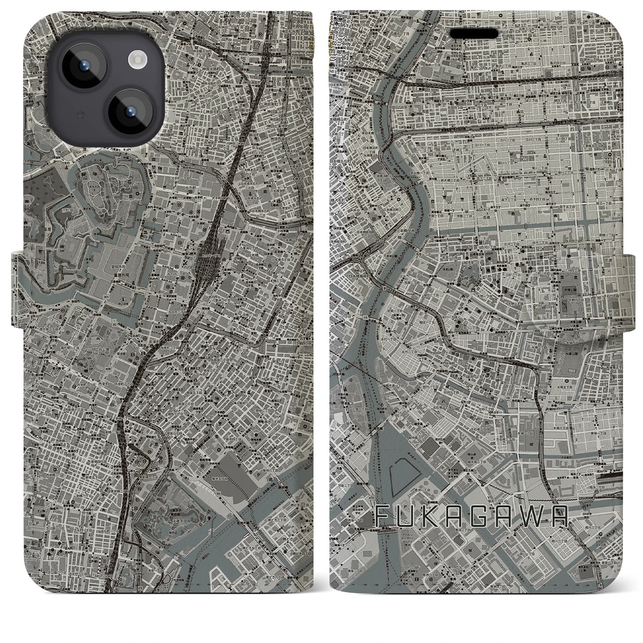 【深川2(東京都)】地図柄iPhoneケース(手帳タイプ)モノトーン・iPhone 14 Plus 用
