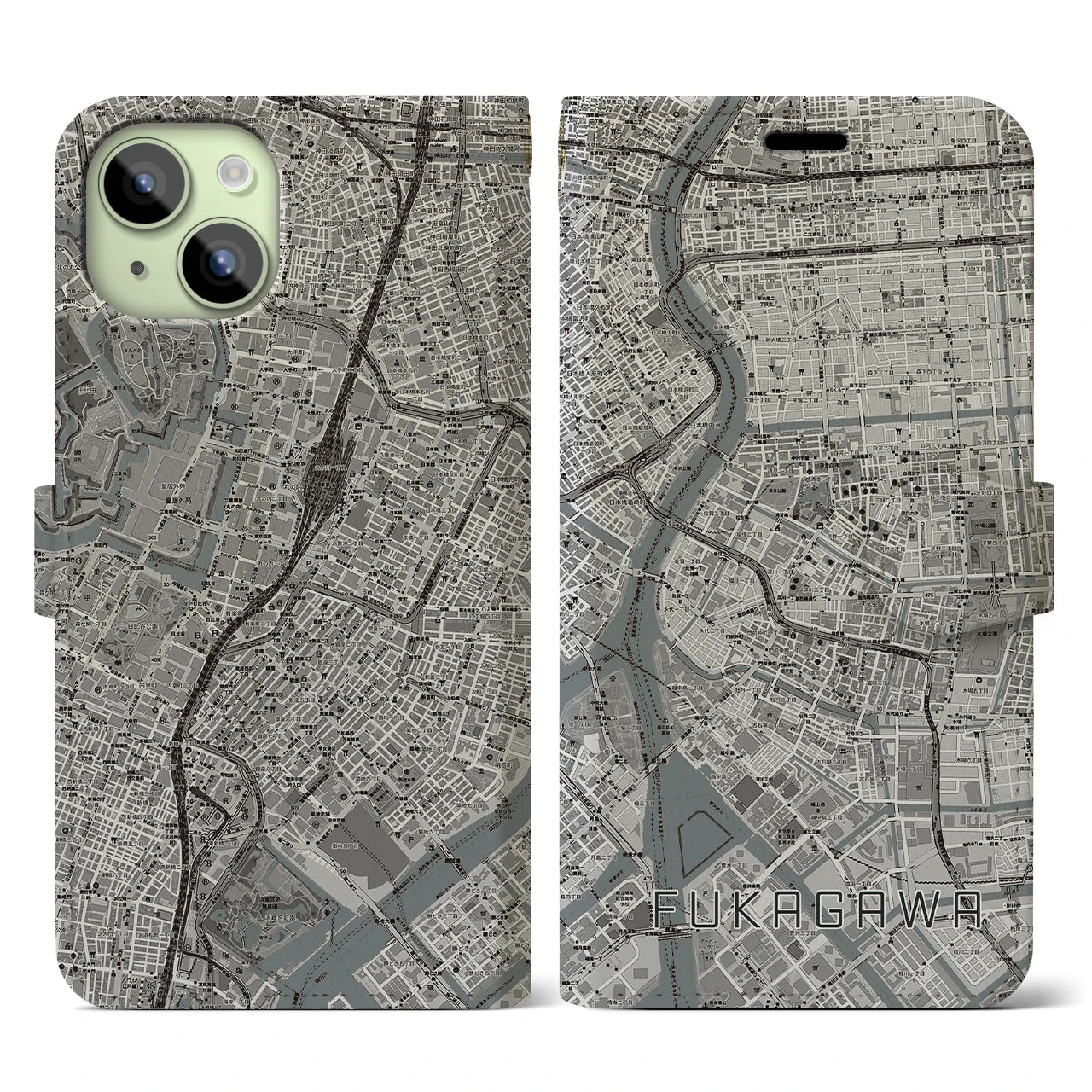 【深川2(東京都)】地図柄iPhoneケース(手帳タイプ)モノトーン・iPhone 15 用