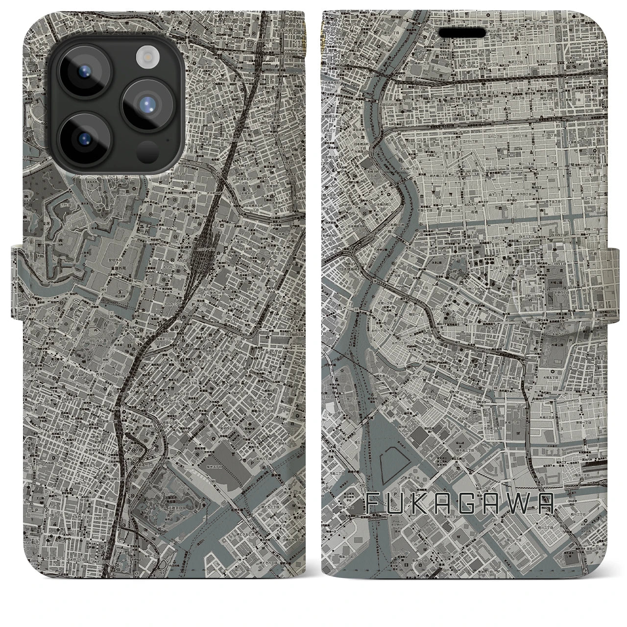 【深川2(東京都)】地図柄iPhoneケース(手帳タイプ)モノトーン・iPhone 15 Pro Max 用