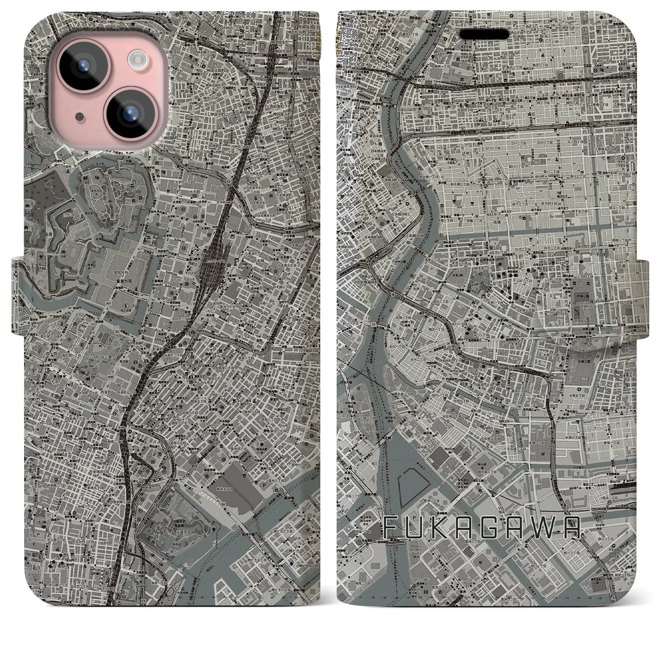 【深川2(東京都)】地図柄iPhoneケース(手帳タイプ)モノトーン・iPhone 15 Plus 用