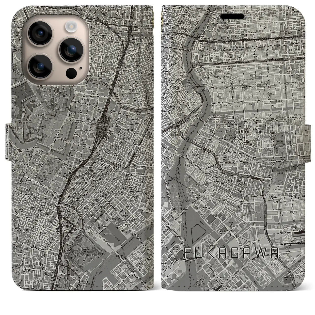 【深川2(東京都)】地図柄iPhoneケース(手帳タイプ)モノトーン・iPhone 16 Plus 用