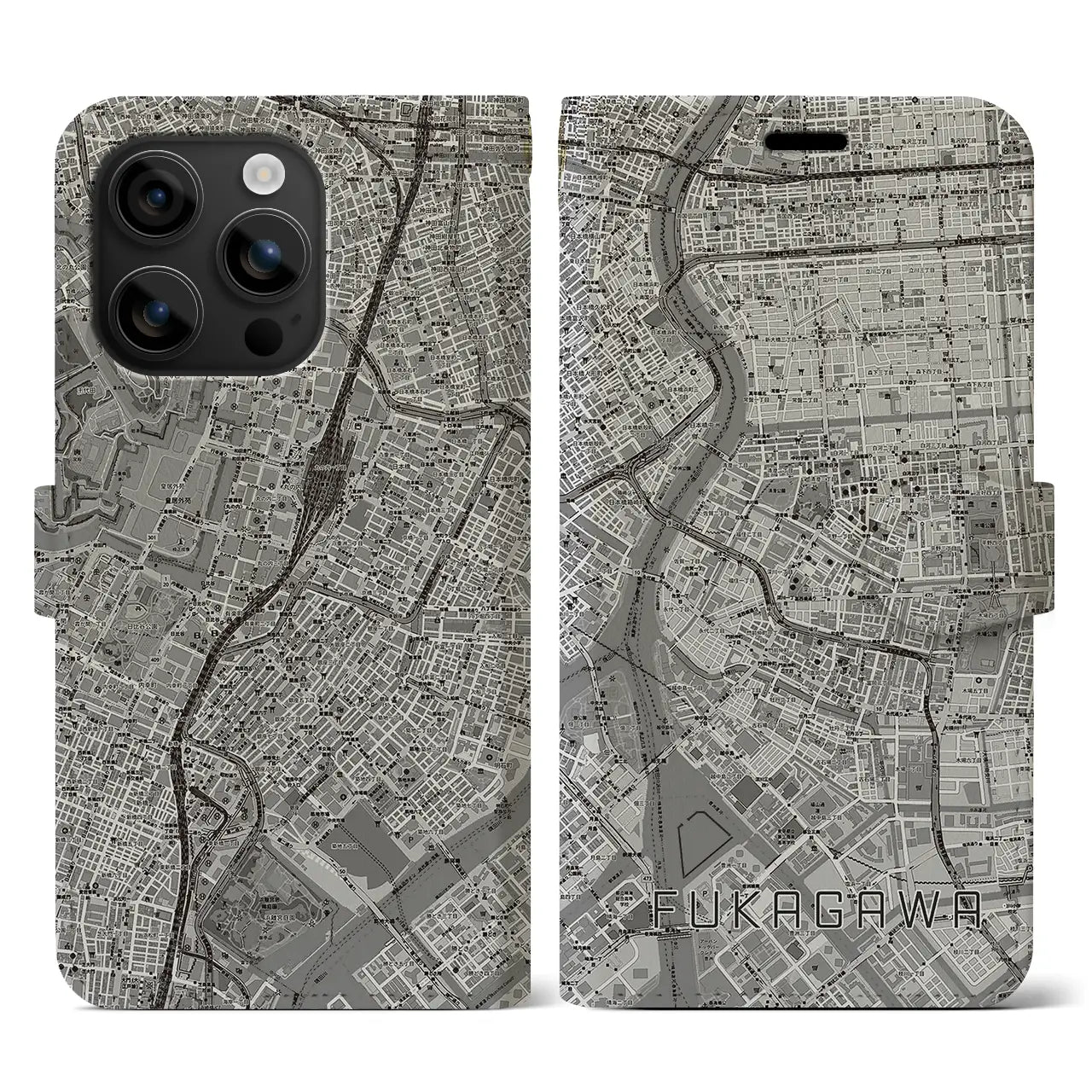 【深川2(東京都)】地図柄iPhoneケース(手帳タイプ)モノトーン・iPhone 16 用