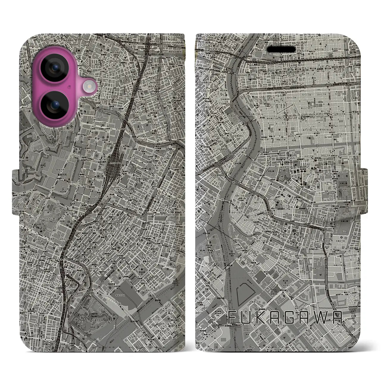 【深川2(東京都)】地図柄iPhoneケース(手帳タイプ)モノトーン・iPhone 16 Pro 用