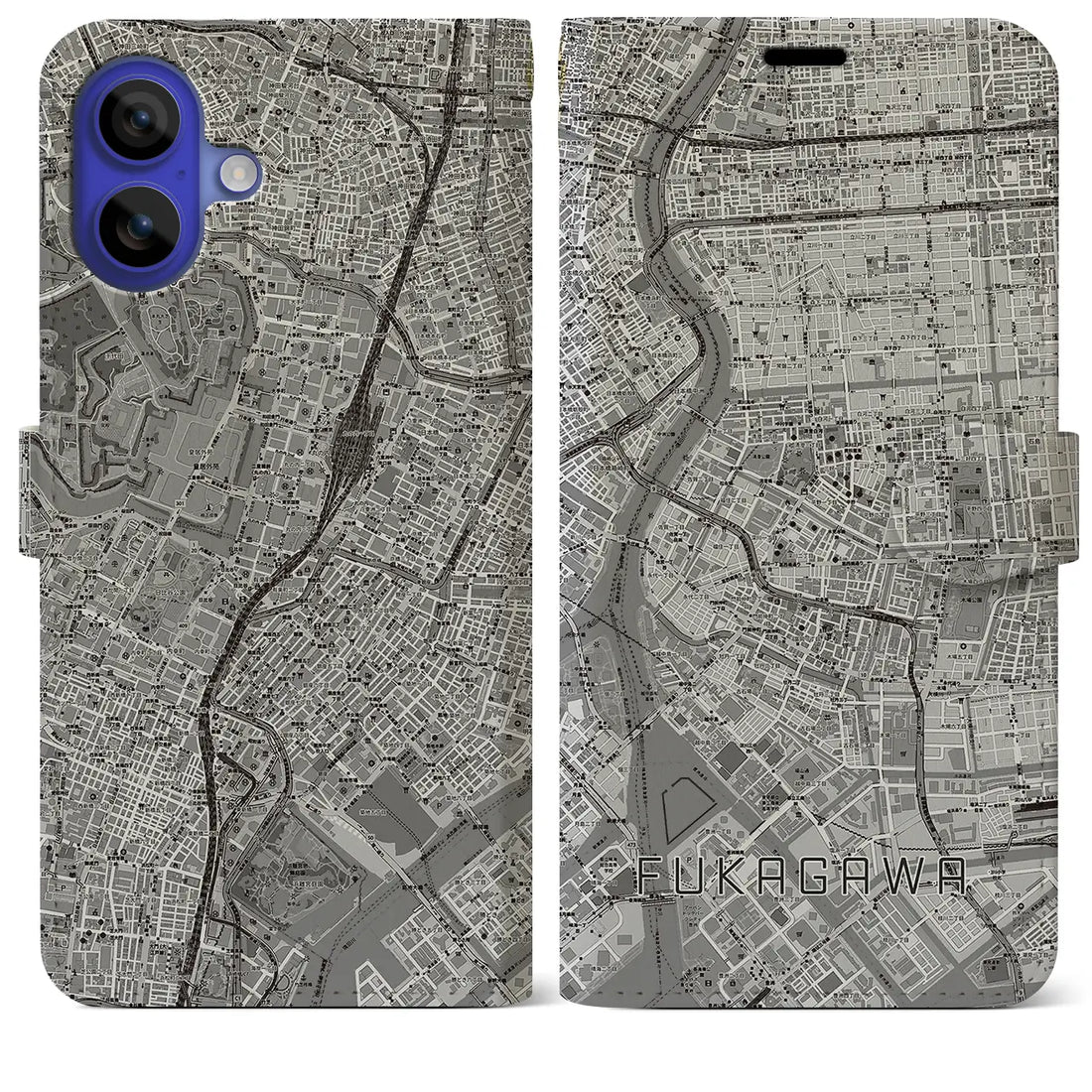 【深川2(東京都)】地図柄iPhoneケース(手帳タイプ)モノトーン・iPhone 16 Pro Max 用