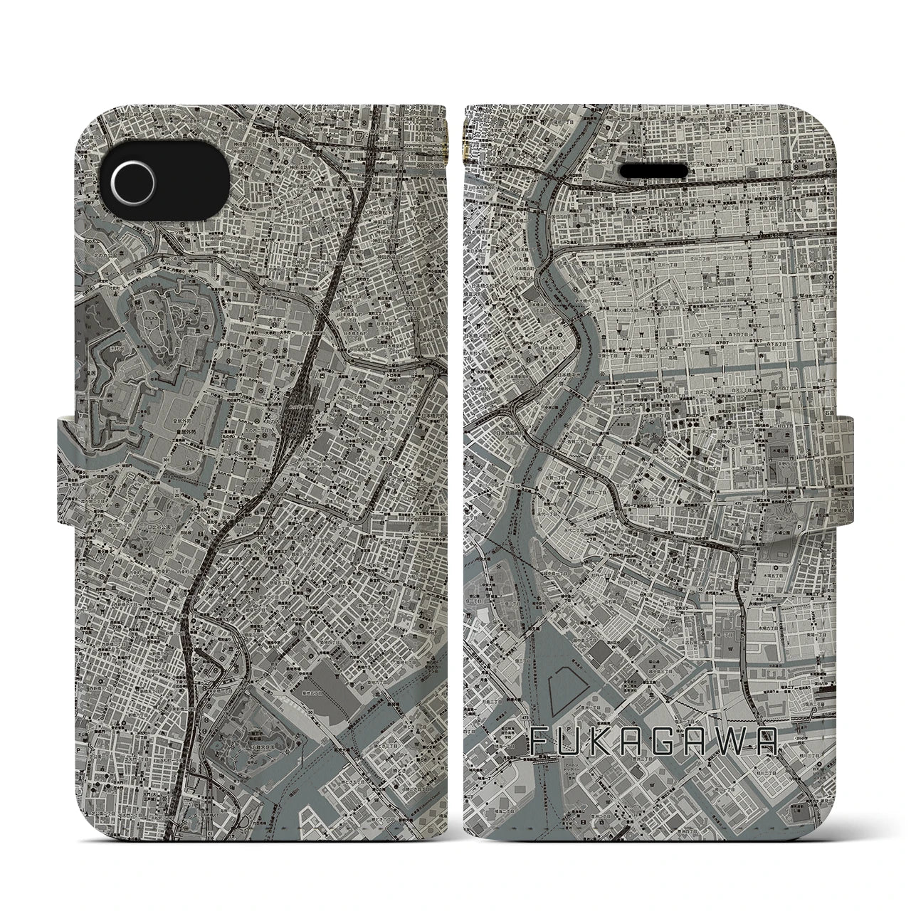 【深川2(東京都)】地図柄iPhoneケース(手帳タイプ)モノトーン・iPhone SE(第3 / 第2世代) / 8 / 7 / 6s / 6 用