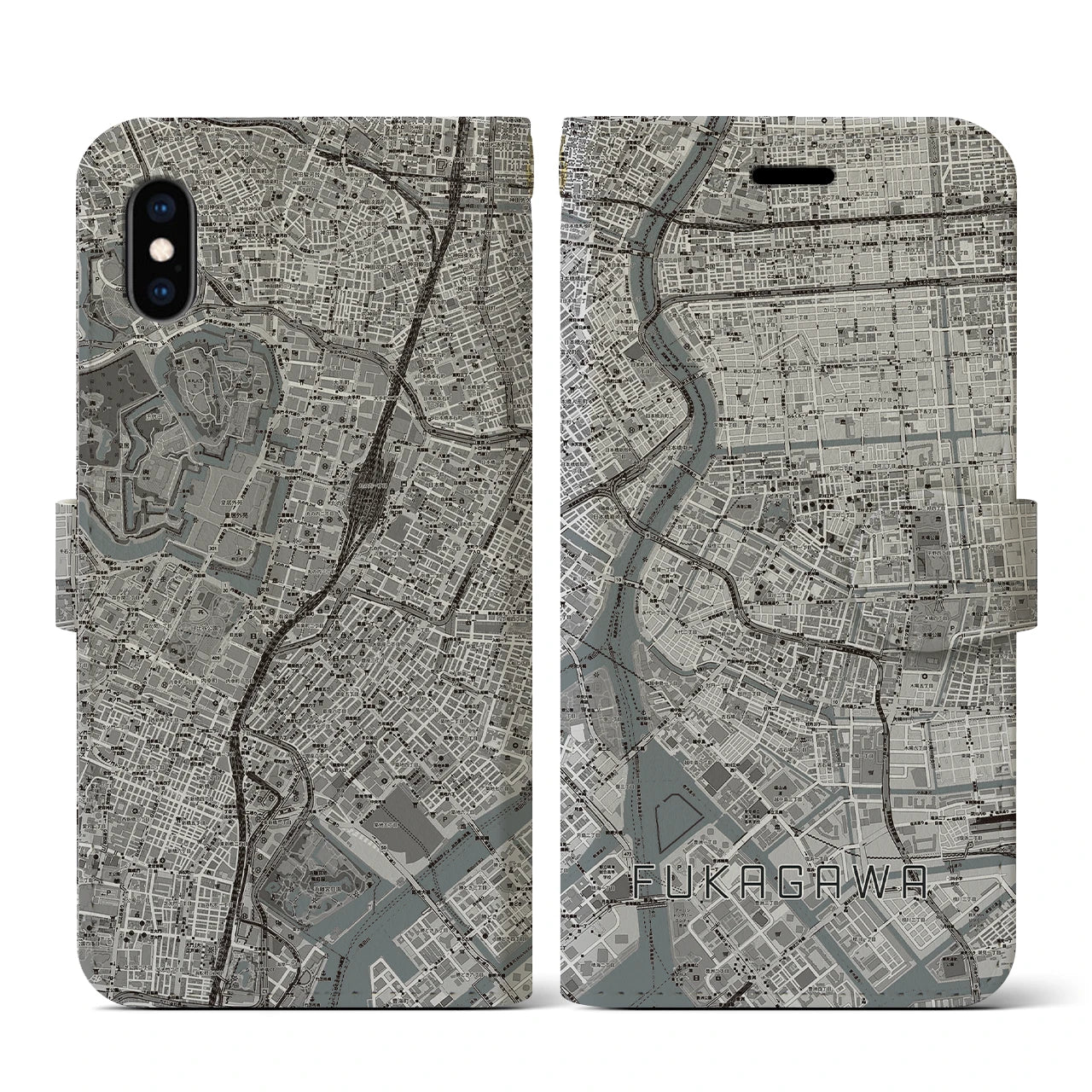 【深川2(東京都)】地図柄iPhoneケース(手帳タイプ)モノトーン・iPhone XS / X 用