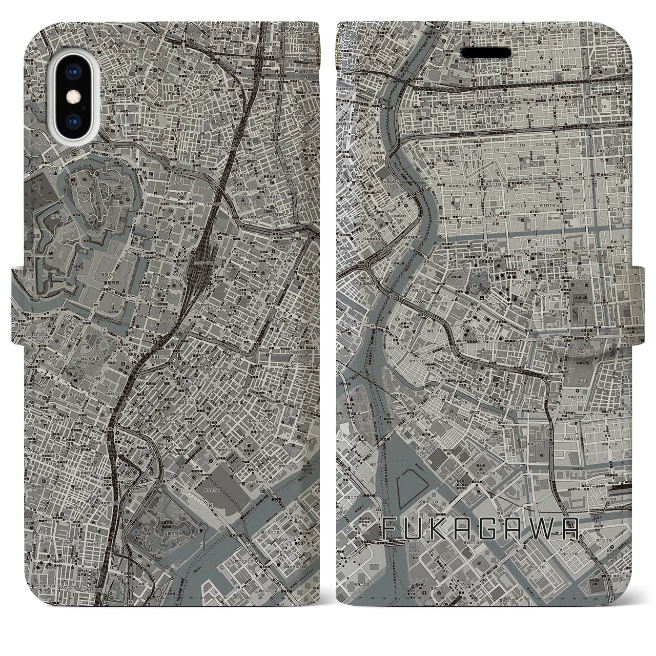 【深川2(東京都)】地図柄iPhoneケース(手帳タイプ)モノトーン・iPhone XS Max 用