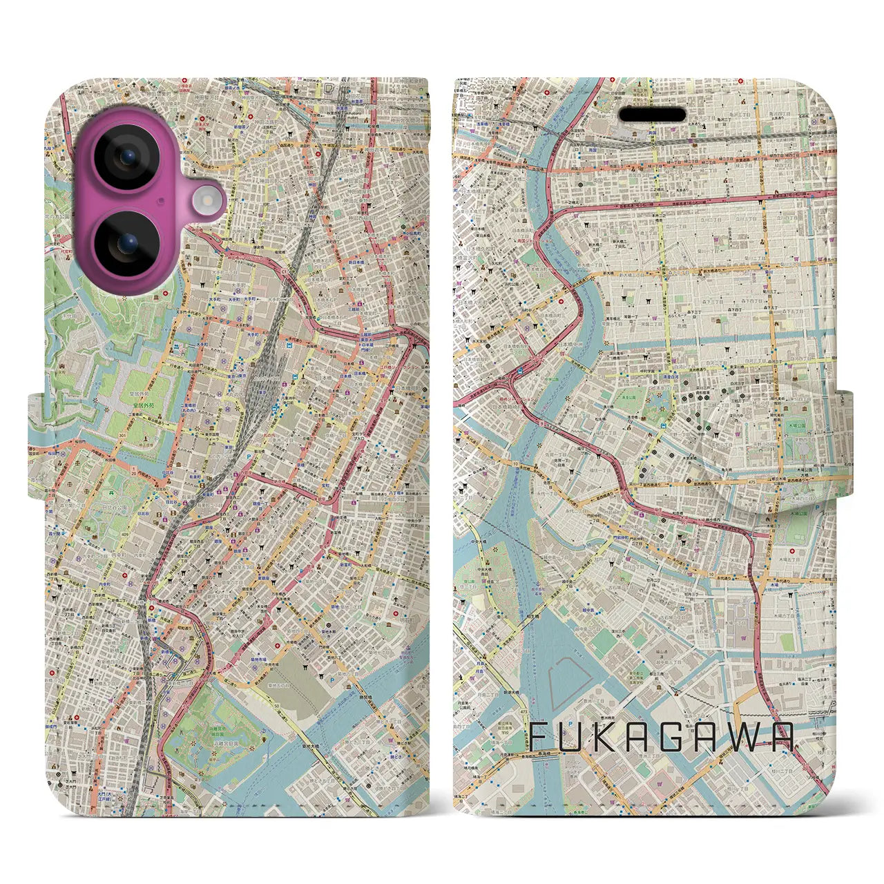 【深川2(東京都)】地図柄iPhoneケース(手帳タイプ)ナチュラル・iPhone 16 Pro 用
