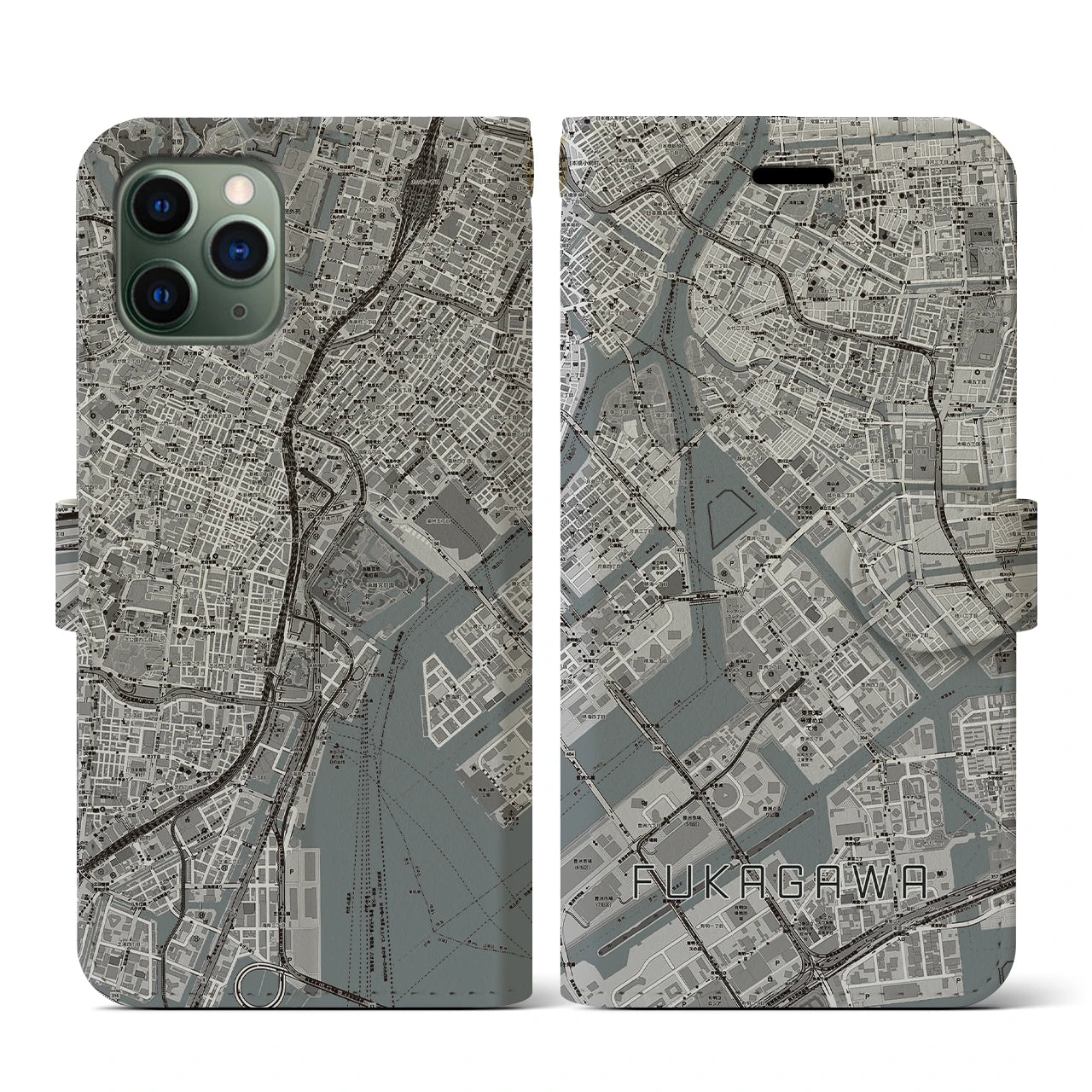 【深川(東京都)】地図柄iPhoneケース(手帳タイプ)モノトーン・iPhone 11 Pro 用