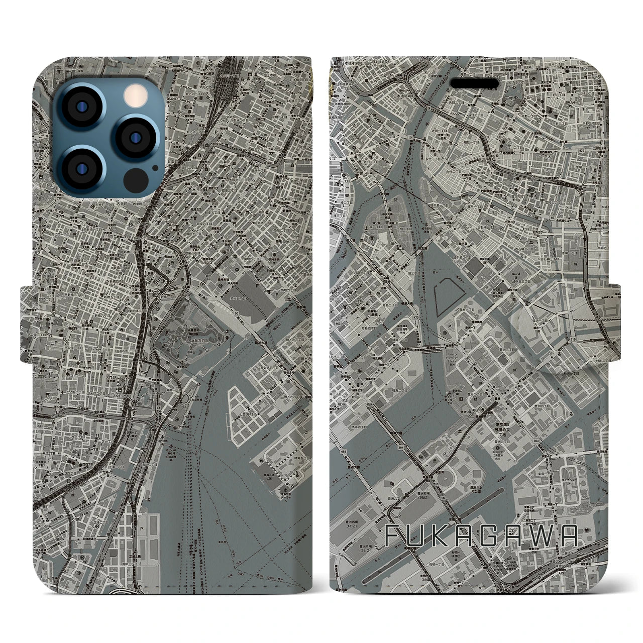 【深川(東京都)】地図柄iPhoneケース(手帳タイプ)モノトーン・iPhone 12 / 12 Pro 用