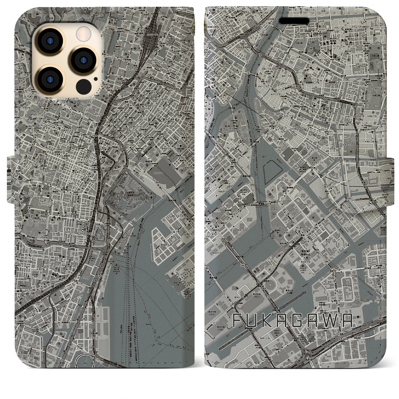 【深川(東京都)】地図柄iPhoneケース(手帳タイプ)モノトーン・iPhone 12 Pro Max 用