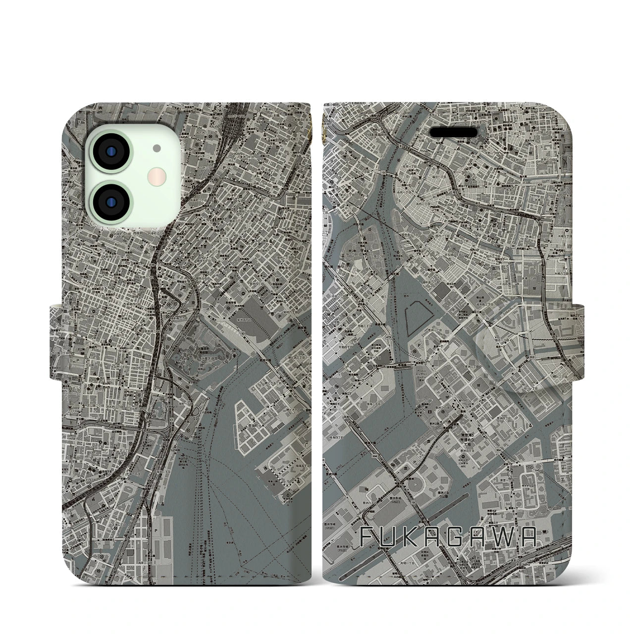 【深川(東京都)】地図柄iPhoneケース(手帳タイプ)モノトーン・iPhone 12 mini 用