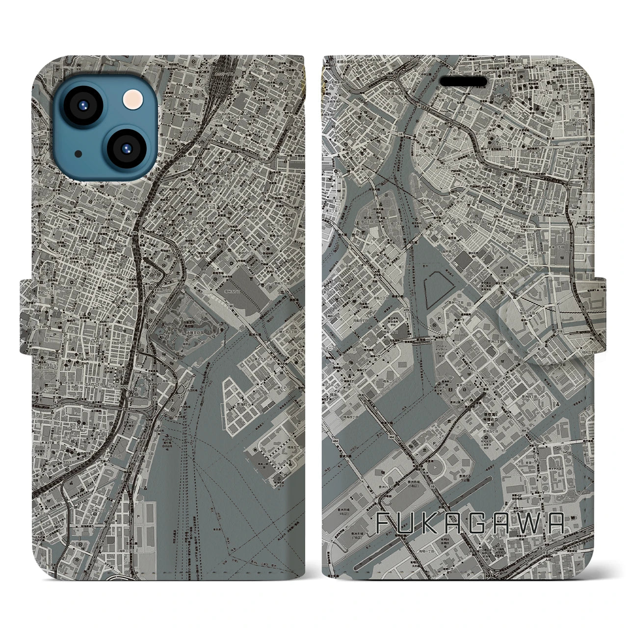 【深川(東京都)】地図柄iPhoneケース(手帳タイプ)モノトーン・iPhone 13 用