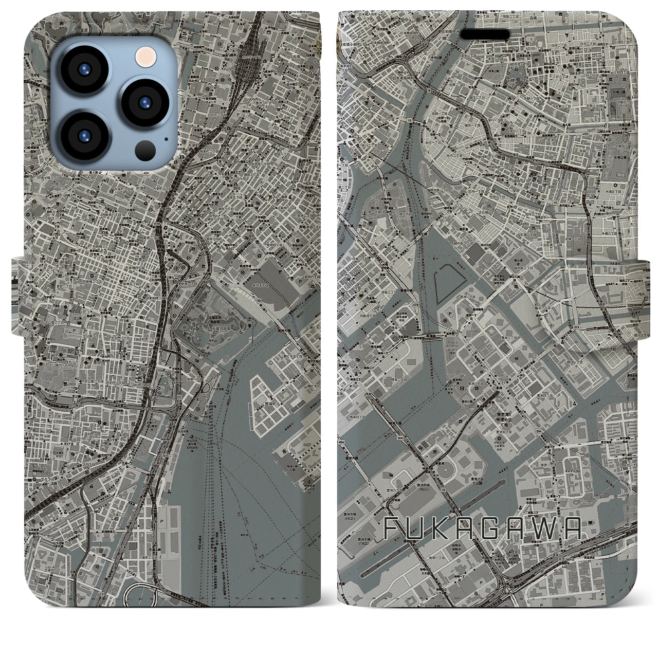 【深川(東京都)】地図柄iPhoneケース(手帳タイプ)モノトーン・iPhone 13 Pro Max 用