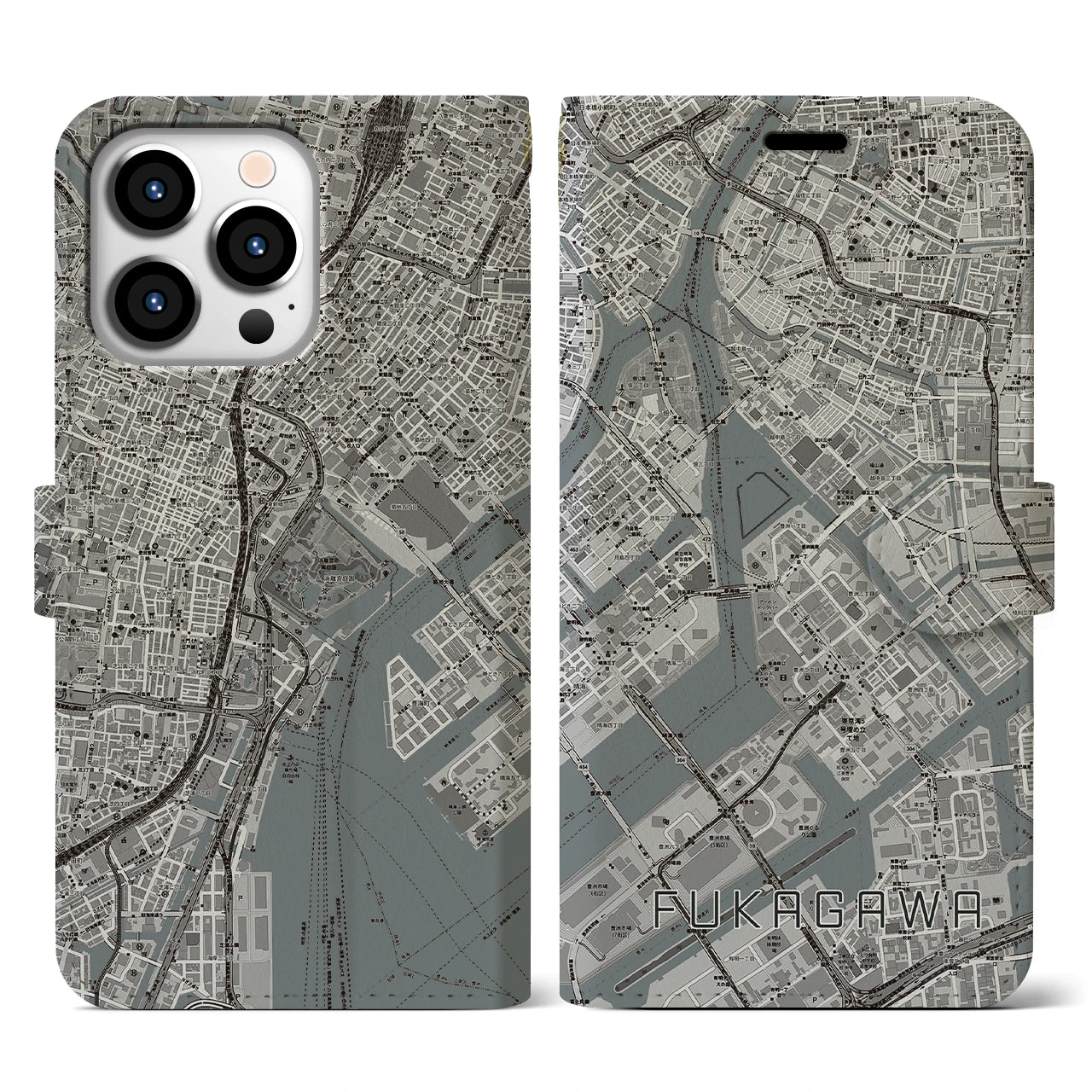 【深川(東京都)】地図柄iPhoneケース(手帳タイプ)モノトーン・iPhone 13 Pro 用