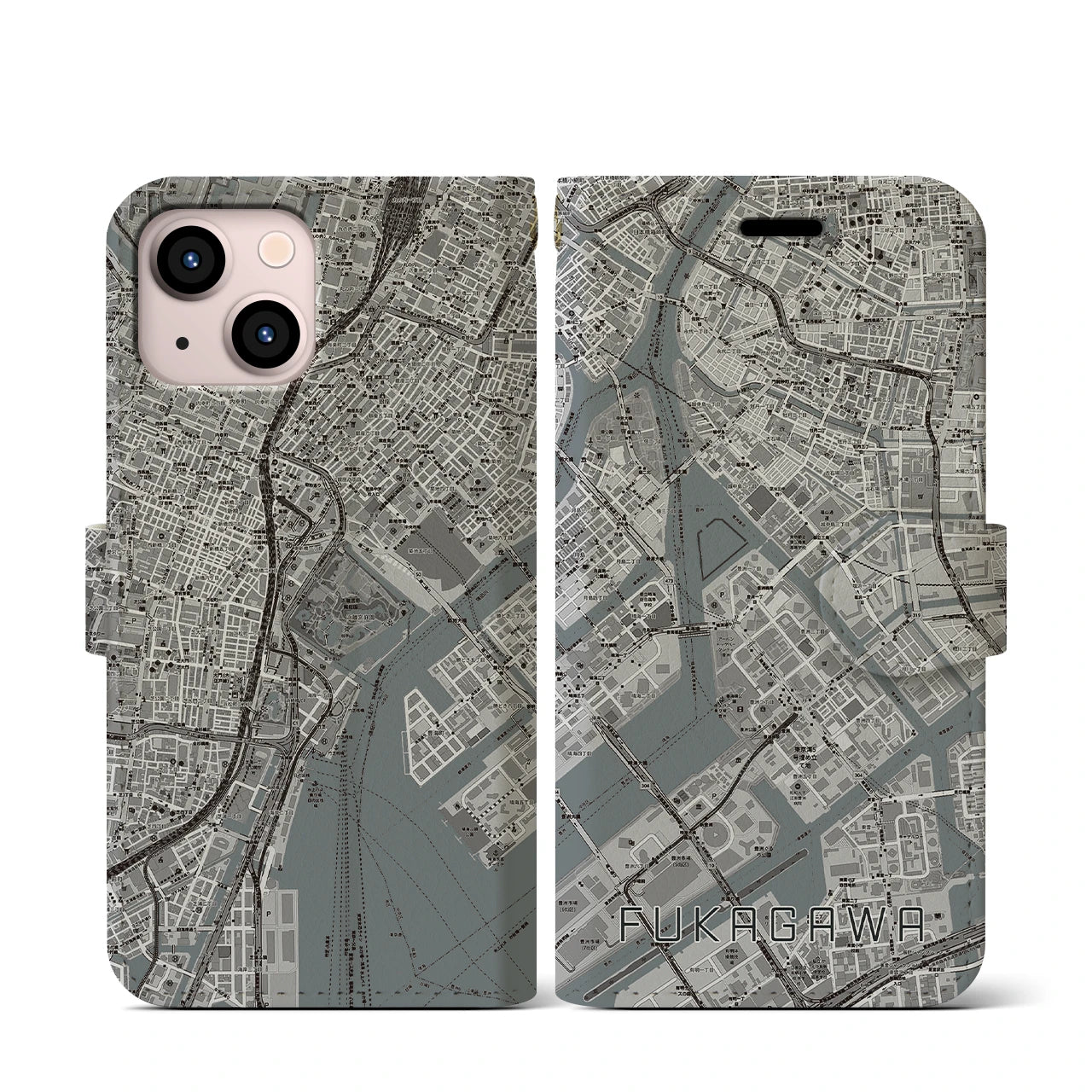 【深川(東京都)】地図柄iPhoneケース(手帳タイプ)モノトーン・iPhone 13 mini 用