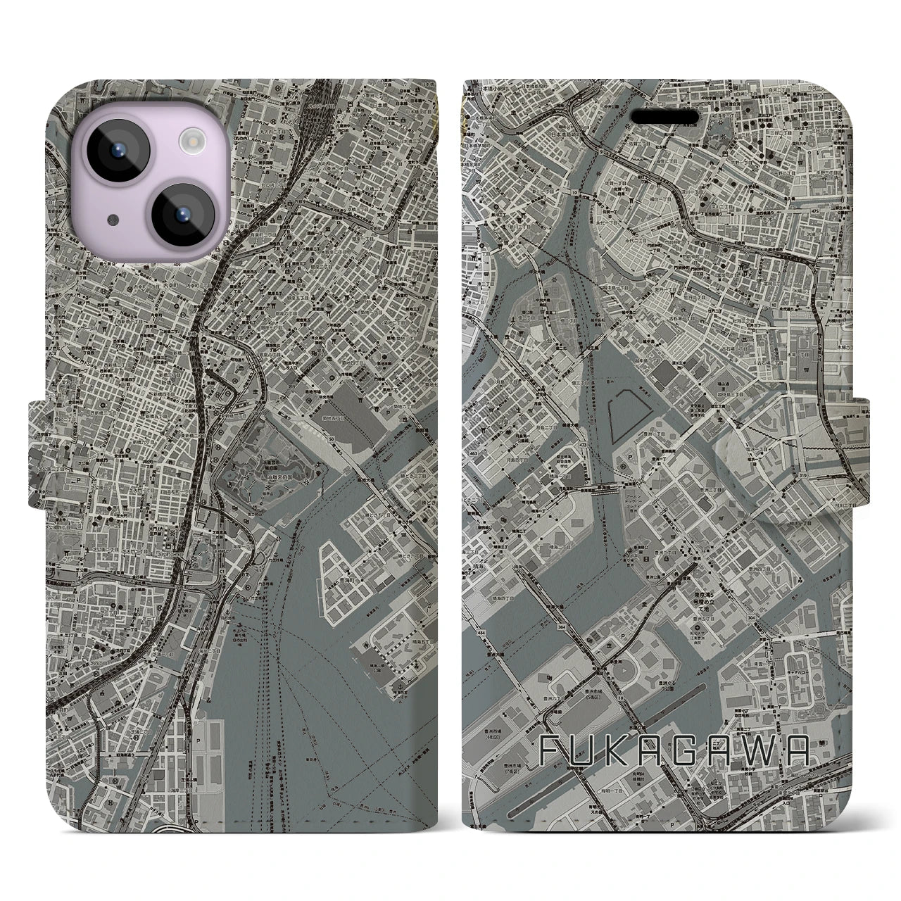【深川(東京都)】地図柄iPhoneケース(手帳タイプ)モノトーン・iPhone 14 用