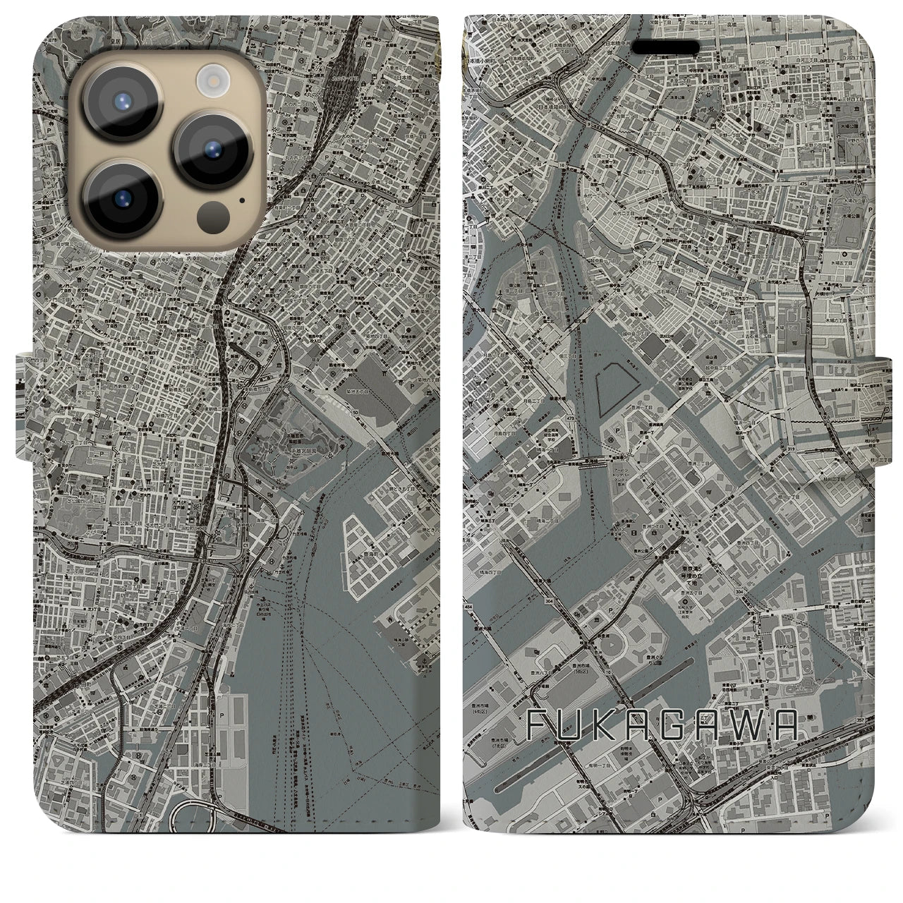 【深川(東京都)】地図柄iPhoneケース(手帳タイプ)モノトーン・iPhone 14 Pro Max 用