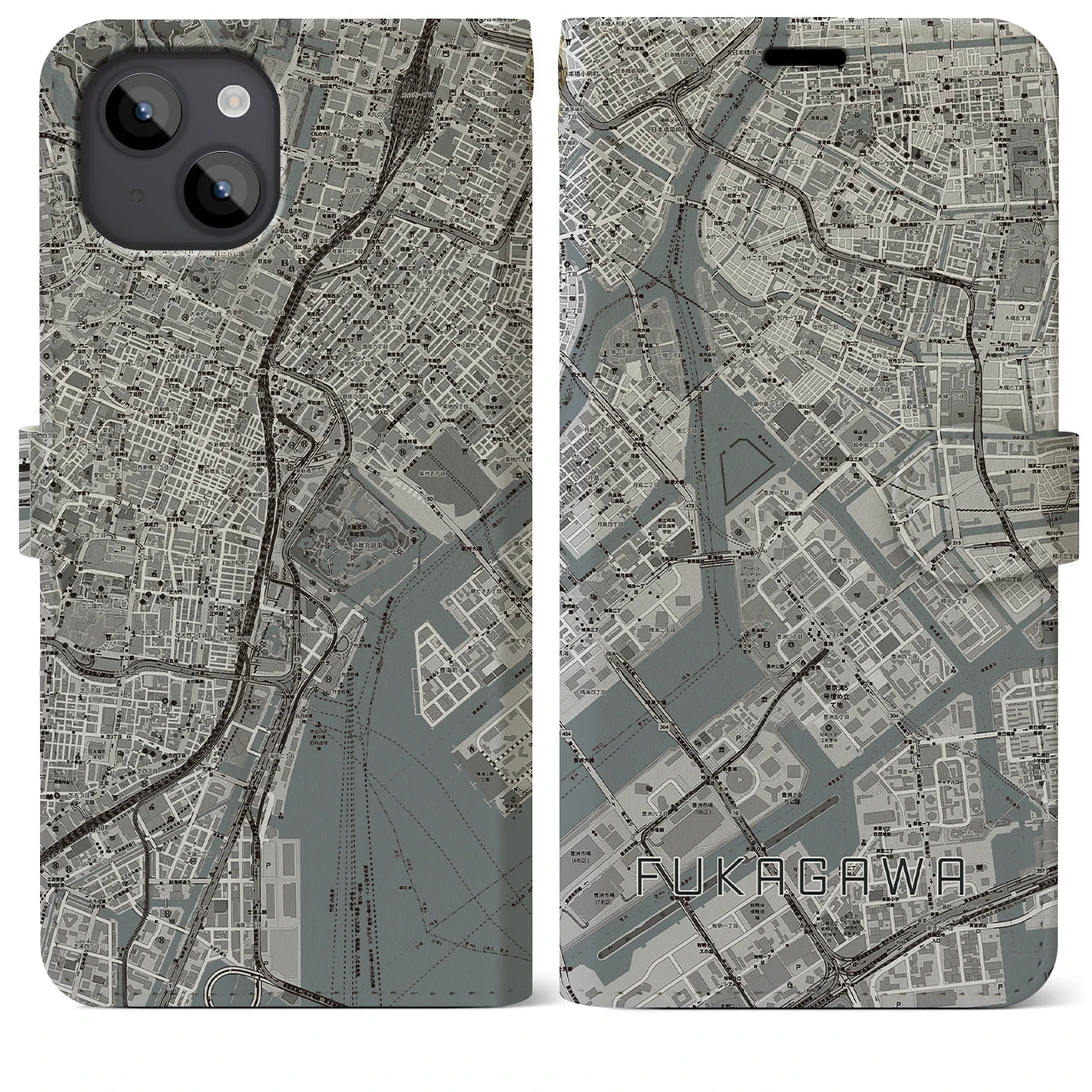【深川(東京都)】地図柄iPhoneケース(手帳タイプ)モノトーン・iPhone 14 Plus 用