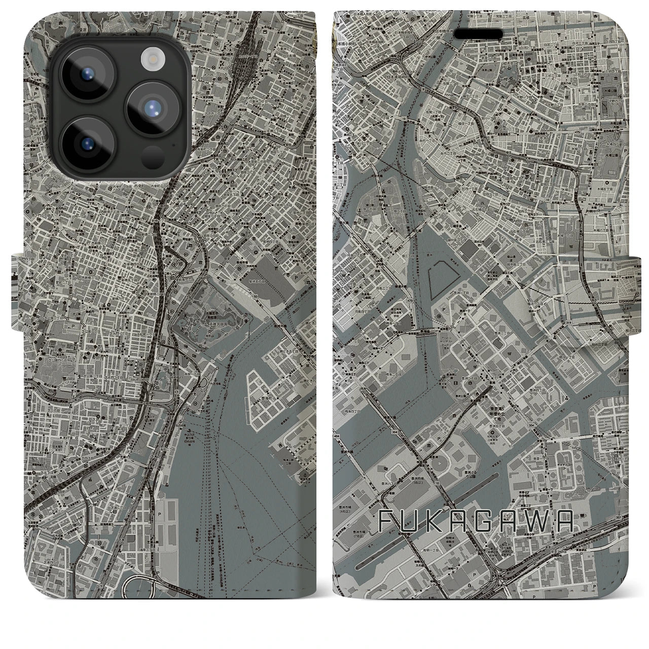 【深川(東京都)】地図柄iPhoneケース(手帳タイプ)モノトーン・iPhone 15 Pro Max 用